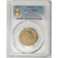 AUSTRALIA 1999 . ONE 1 DOLLAR COIN . ERROR . MAJOR PEEL LAMINATION